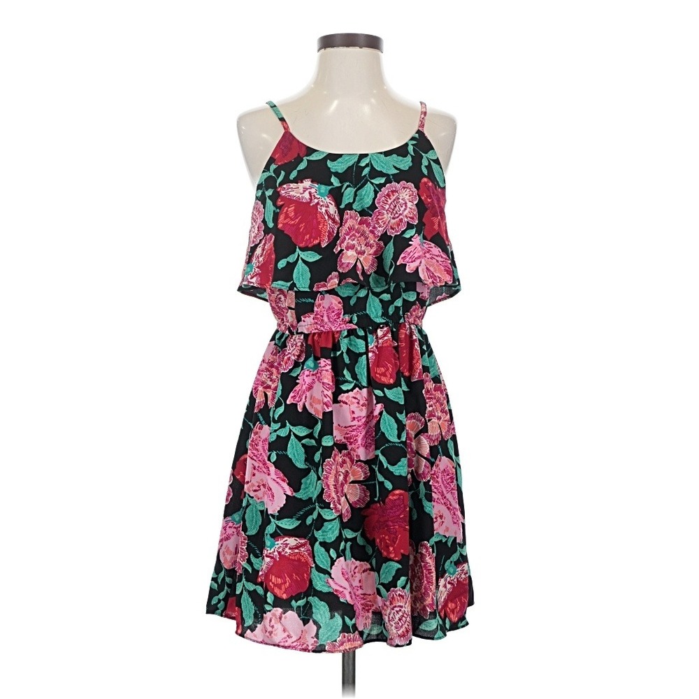 ELLE Womens Floral Mini Dress XS Black Pink‎ Red Popover Tiered Spaghetti Strap